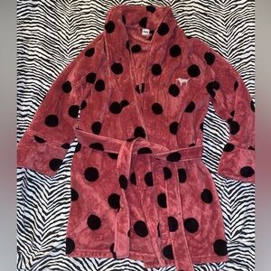 PINK Victoria’s Secret plush robe. Mauve color with black polka dots.